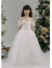 Cold Shoulder Ivory Pearls Tulle Flower Girl Dress